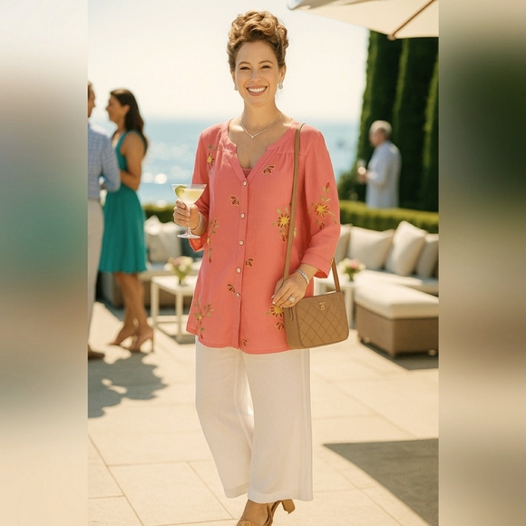 New Boho 2XL Chic Coral Artisy Lagenlook Embroidered Floral Tunic Top - Picture 1 of 11